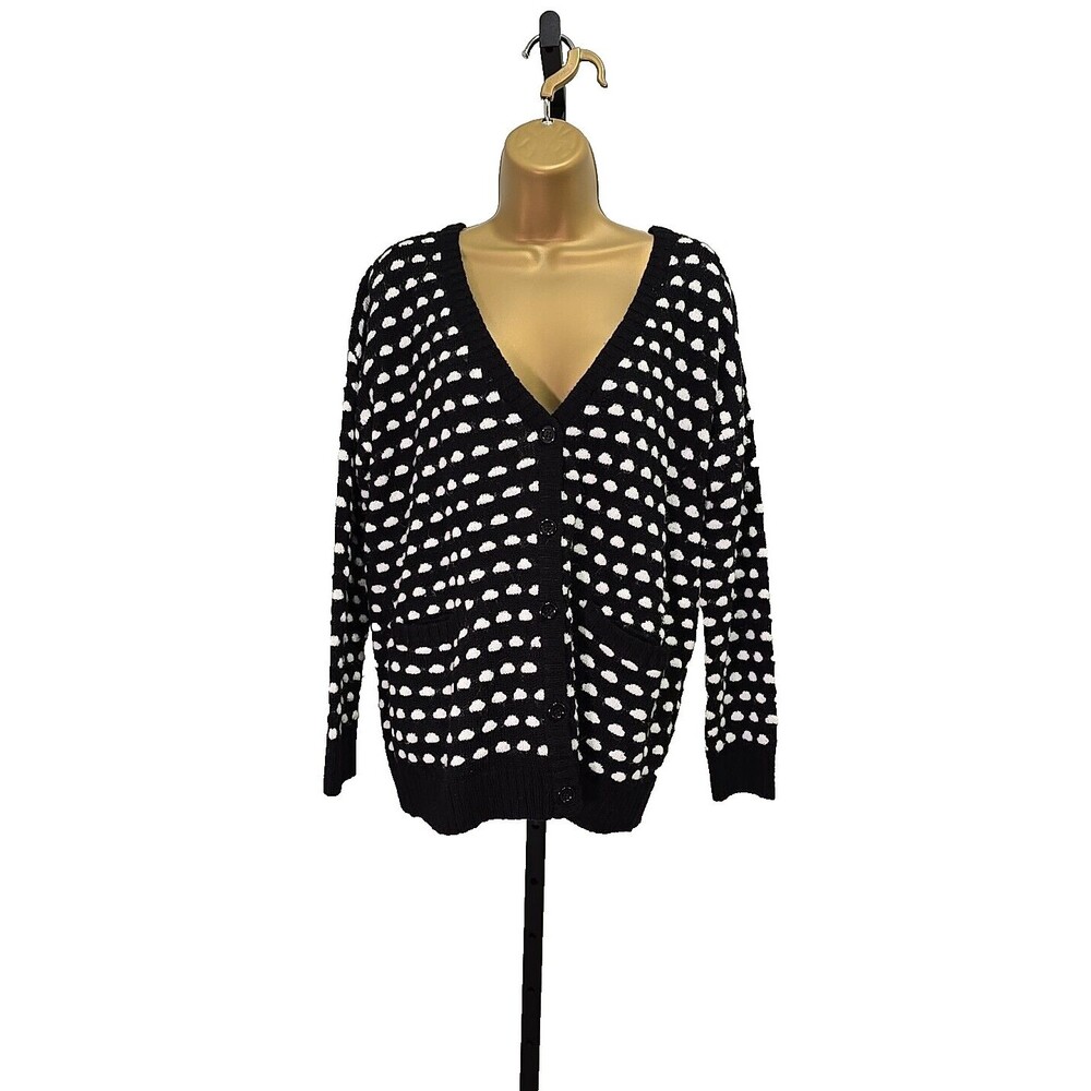 Black White Spotted Cardigan Sweater Med Oversized Baggy Chunky Academia Preppy